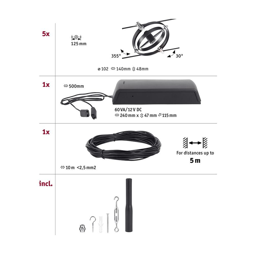 CorDuo Seilsystem Cardan Basis-Set mit Montagezubehör in Schwarz-Matt und Chrom, flexibel für Wand und Decke.