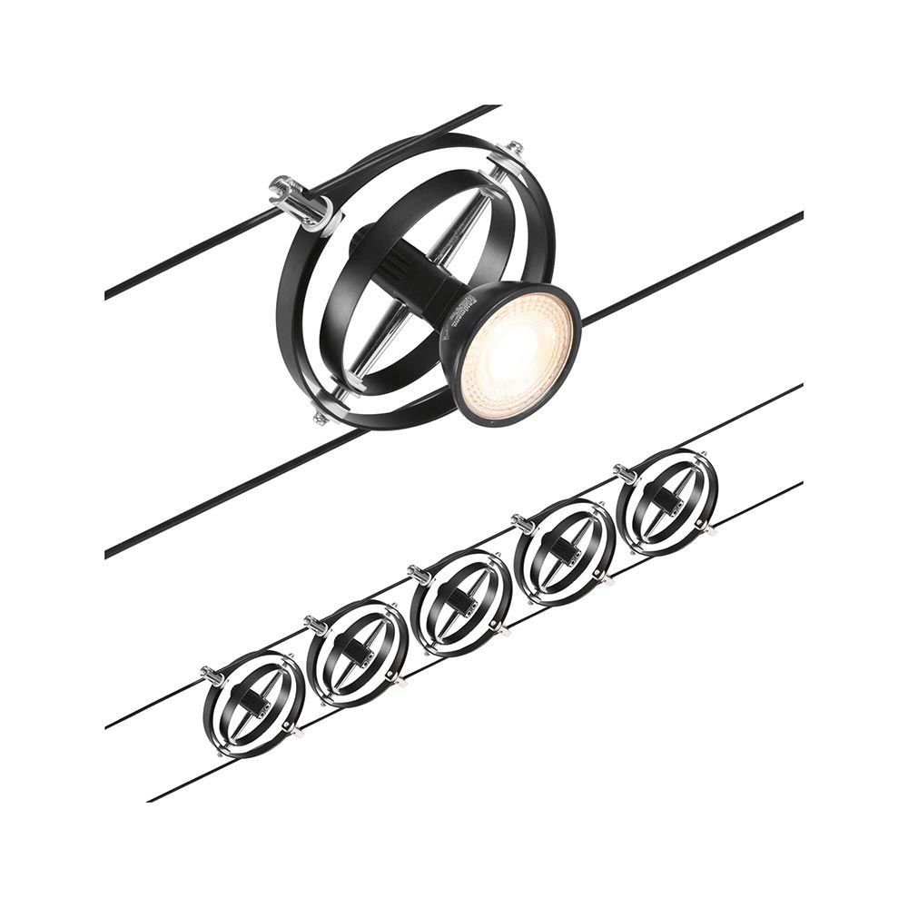 CorDuo Seilsystem Cardan Basis-Set in Schwarz-Matt mit Chrom, vielseitig und anpassbar für unterschiedliche Raumgestaltungen.