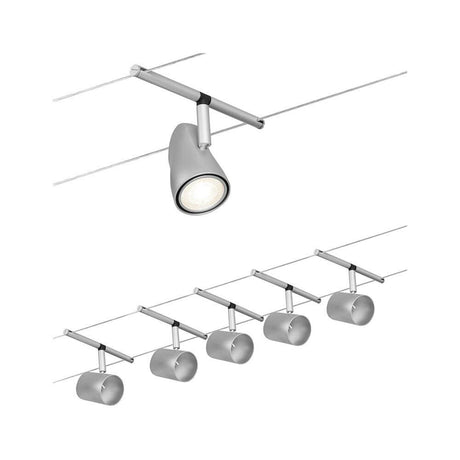 CorDuo cable system Cup base set chrome matt – cable system with 5 spots in matt chrome, wall- or ceiling-mountable, flexible for difficult installations