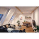 CorDuo Seilsystem Cup Einzelspot Chrom-Matt in modernem Dachgeschoss-Wohnzimmer mit Schreibtisch, Sofa und Deckenbeleuchtung