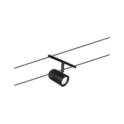 CorDuo kabelsystem Cup single spot sort mat, krom monteret på et kabelsystem.