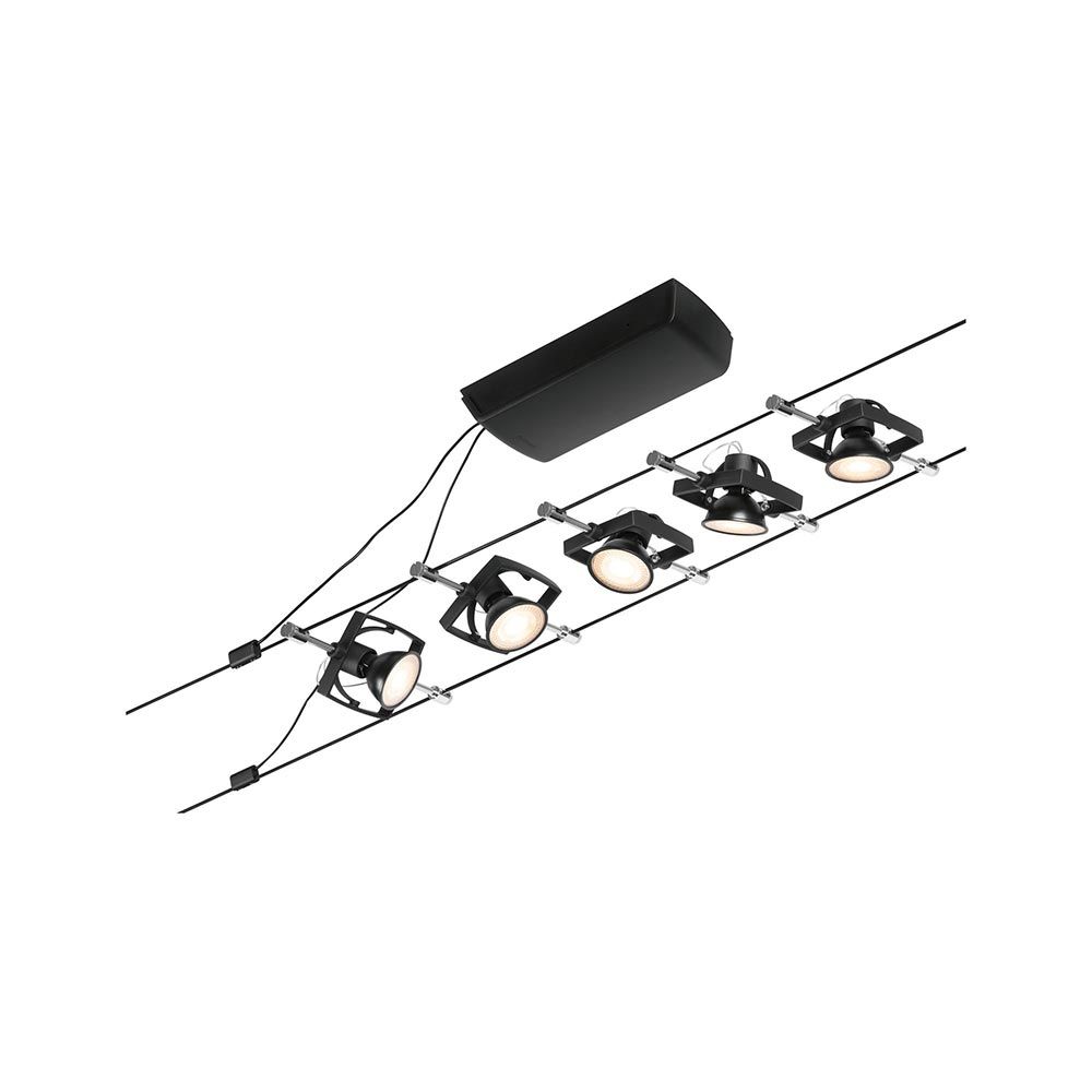 CorDuo Seilsystem Mac II Basis-Set in Schwarz-Matt mit Chrom, ideal für individuelle Raumgestaltung.