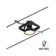 CorDuo Seilsystem Mac II Einzelspot Schwarz-Matt, Chrom auf Seil montiert mit Lichtstrahl.