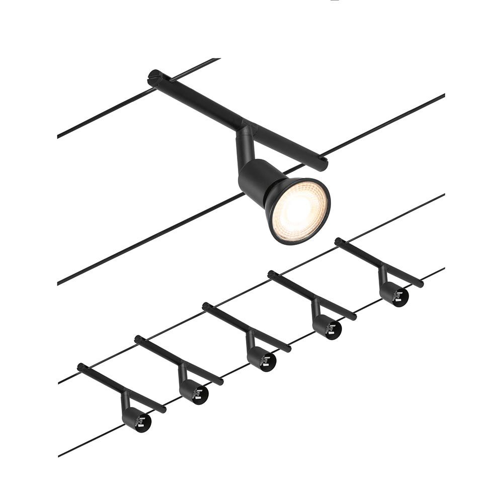 CorDuo Seilsystem Salt Basis-Set in Schwarz-Matt mit Spotlampen für flexible Raumgestaltungen.