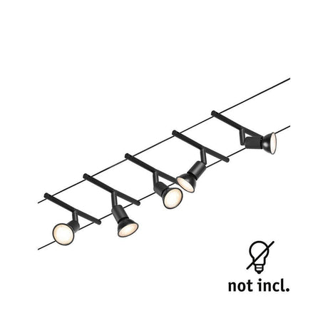 CorDuo cable system Salt basic set Black-Matt, Chrome with five spots on a tensioned cable.