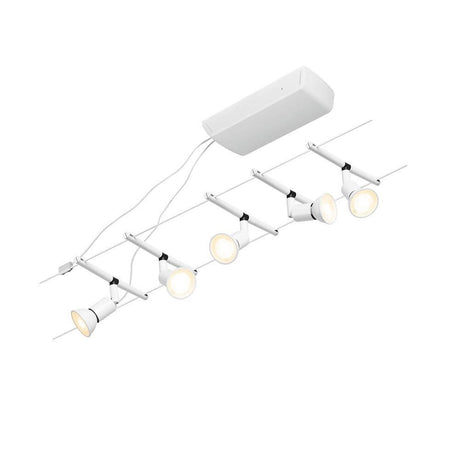 Système sur câble CorDuo Salt set de base blanc mat, chromé, avec plusieurs spots au plafond.