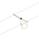 CorDuo Seilsystem Salt Basis-Set Weiß-Matt, Chrom mit spotlight an Kabel montiert.