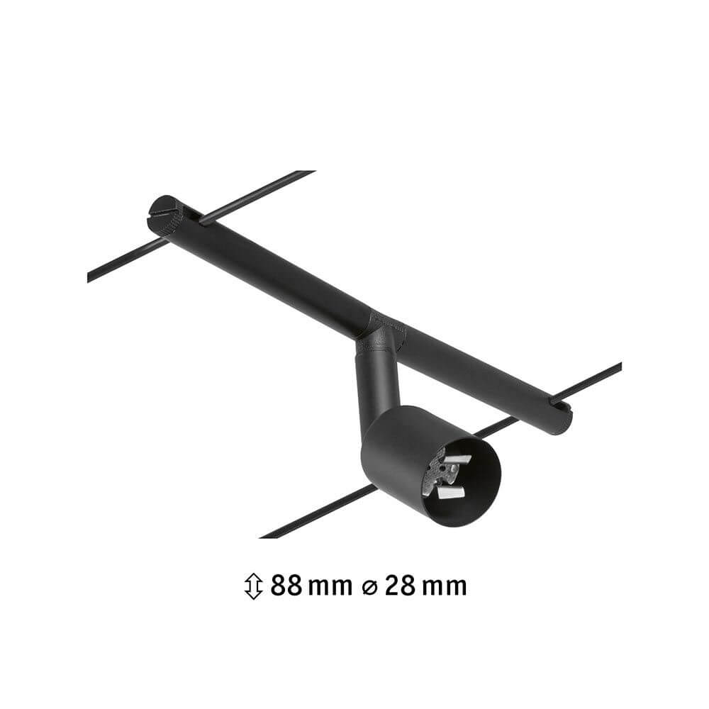 CorDuo Seilsystem Salt Einzelspot Schwarz-Matt, Chrom an Seil montiert mit Maßen 88 mm und 28 mm.