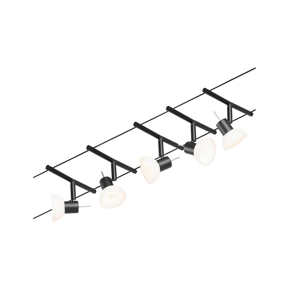 CorDuo Seilsystem Sheela 5-Spot Basis-Set Schwarz, Chrom an Wand montiert mit modernen Spots.