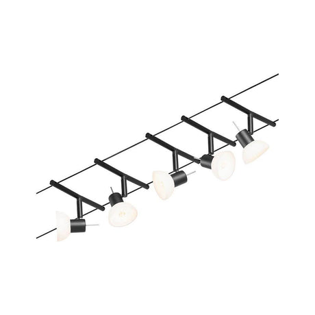 CorDuo cable system Sheela 5-spot basic set Black, Chrome wall-mounted with modern spots.