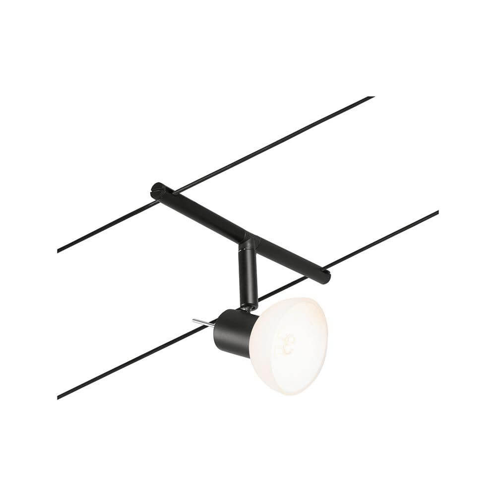 CorDuo Seilsystem Sheela 5-Spot Basis-Set Schwarz, Chrom mit schwarzem Kabel und runder Leuchte.