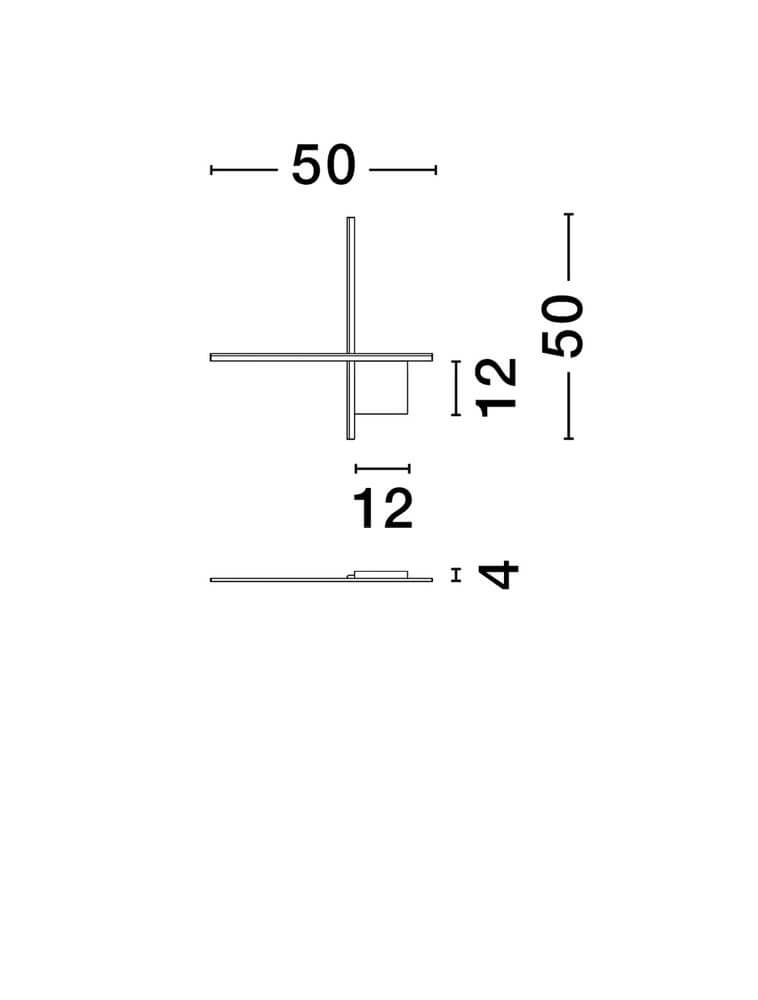 Technisches Diagramm der Cross LED Wandleuchte 50cm mit Abmessungen und geometrischem Design.