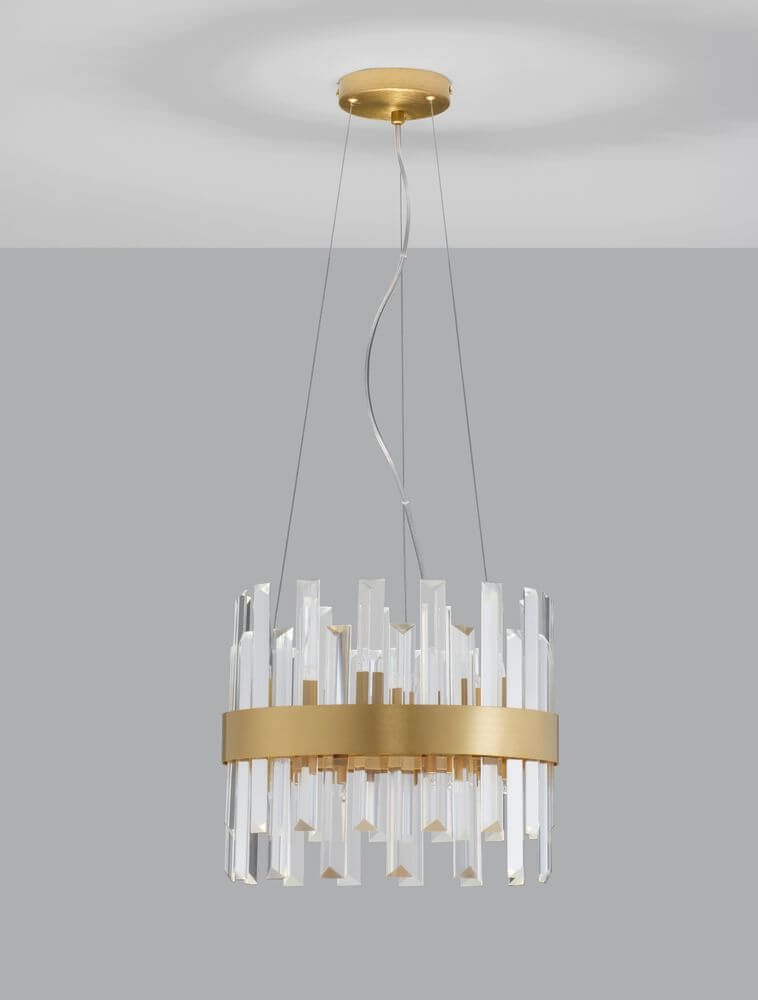 Crown Pendelleuchte 5-flammig Ø 35cm Gold-Satiniert mit Kristallelementen und elegantem Design.
