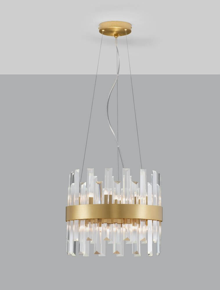 Crown Pendelleuchte 5-flammig Ø 35cm Gold-Satiniert mit klarem Kristallschirm und goldener Aufhängung