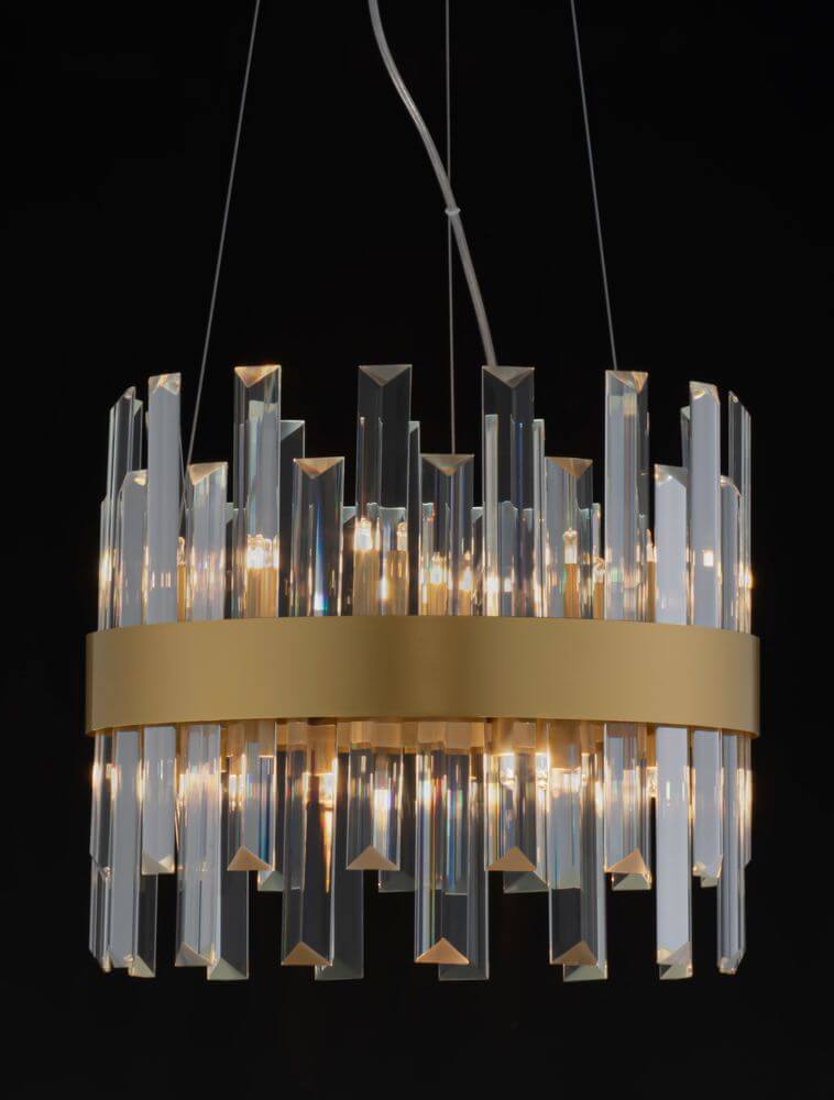 Crown Pendelleuchte 5-flammig Ø 35cm Gold-Satiniert mit klaren Kristallelementen und satinierter Gold-Oberfläche.