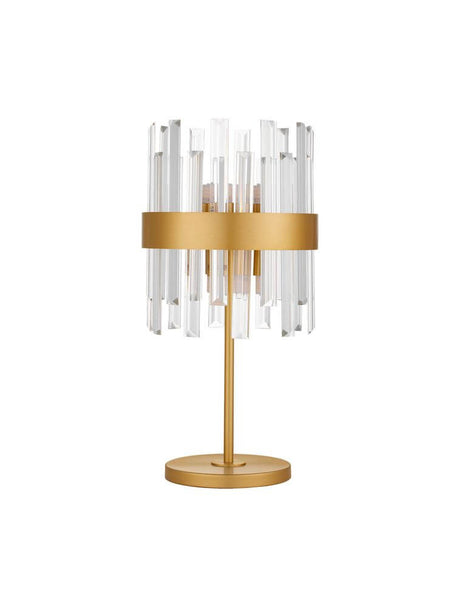 Lampe de table Crown Gold avec des tiges en verre transparent et un design doré élégant.