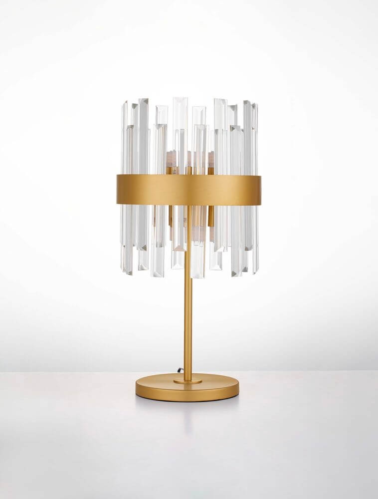 Crown Tischleuchte Gold mit elegantem Design und transparenten Acrylstäben, perfekt für moderne Innenräume.