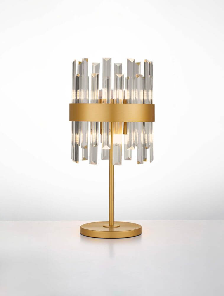 Crown Tischleuchte Gold mit Kristallglas, elegantes Design für stilvolle Beleuchtung.