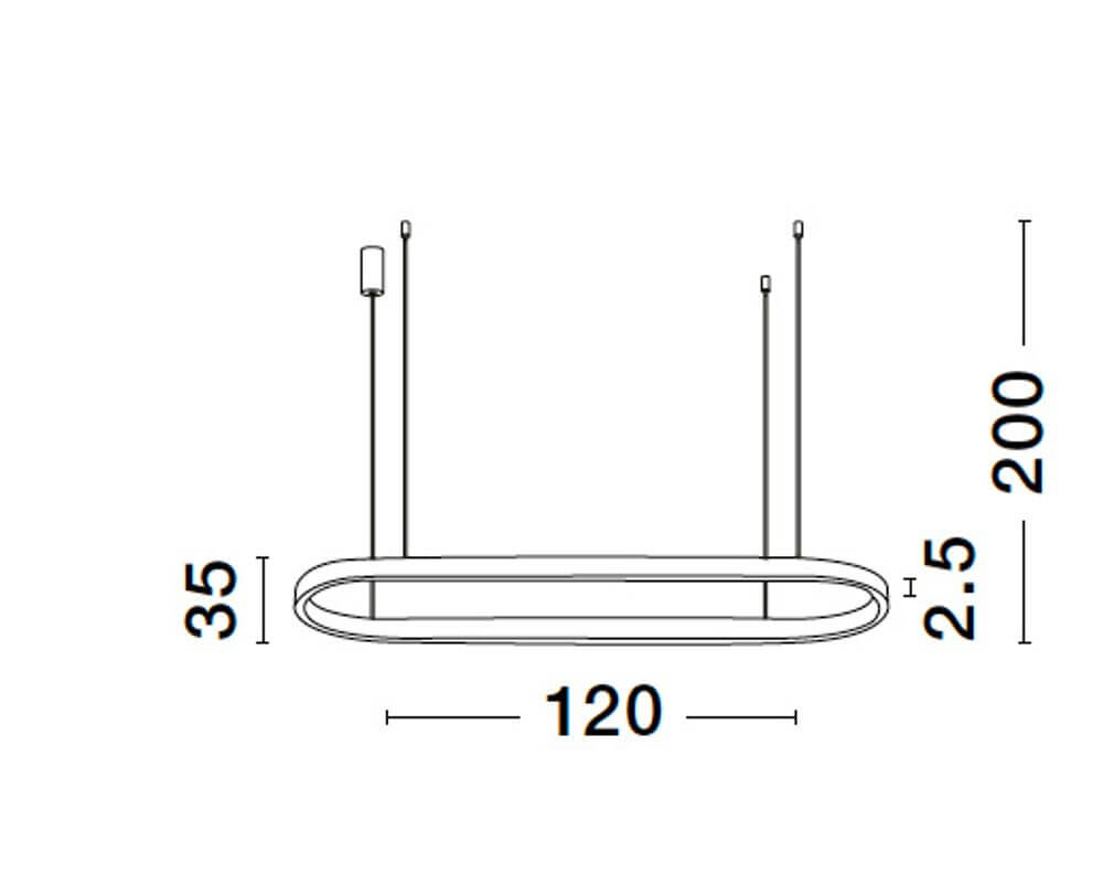 Cuppe LED Pendelleuchte 3000K schwarzes ovales Design 120x35 cm technische Zeichnung mit Abmessungen