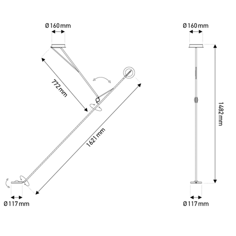DCWéditions Aaro LED Deckenleuchte 160cm schwenkbar technische Zeichnung mit Abmessungen
