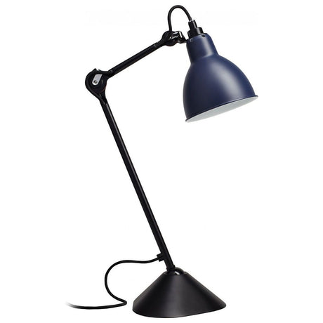 DCWéditions Gras N°205 Tischlampe mit Schirm schwenkbar in Schwarz mit blauen Akzenten.