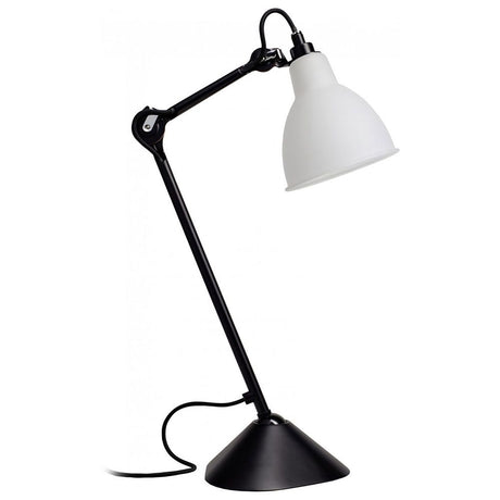 DCWéditions Gras N°205 Tischlampe mit Schirm schwenkbar auf schwarzem Fuß und verstellbarem Arm.