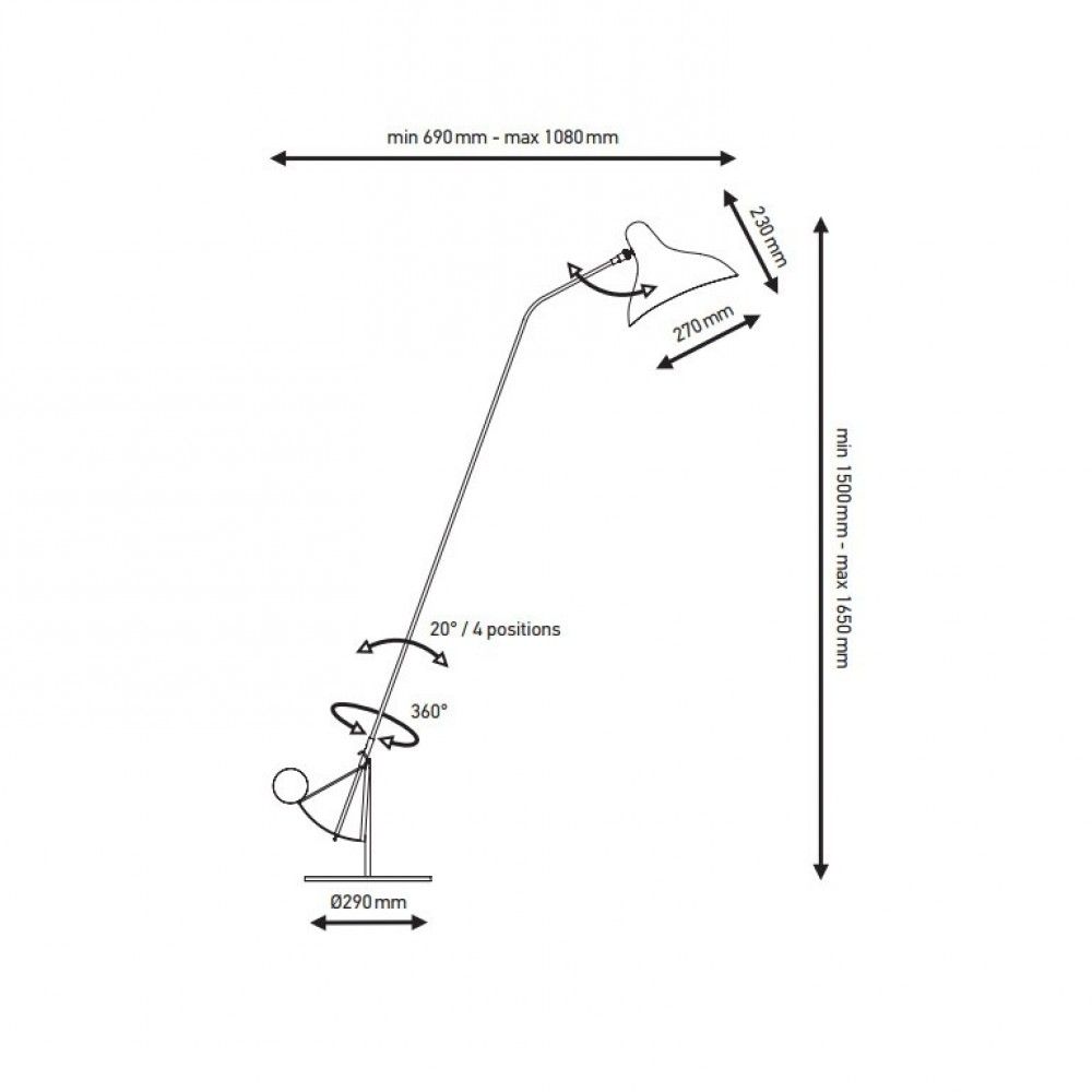 Skizze der DCWéditions Mantis BS1 Leseleuchte mit Abmessungen und Flexibilität der Lampe.