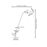 Skizze der DCWéditions Mantis BS1 Leseleuchte mit Abmessungen und Flexibilität der Lampe.