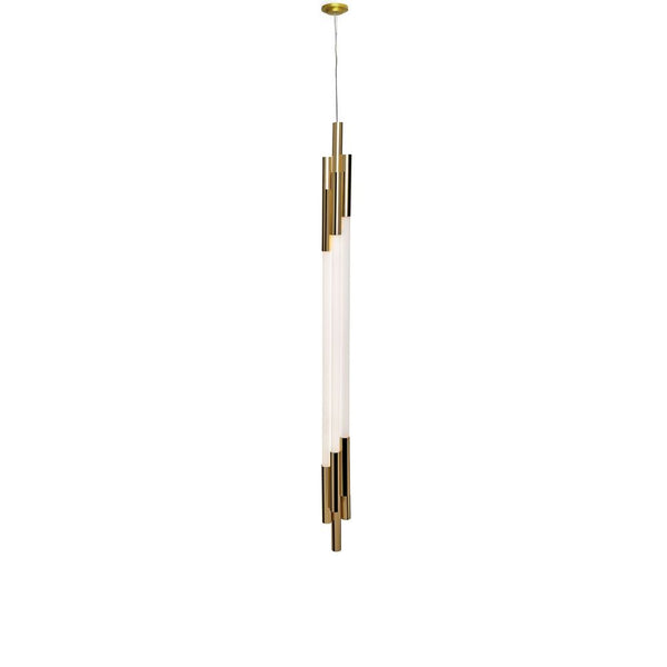 DCWéditions Org LED Pendelleuchte Vertikal mit Stäben in modernem, eleganten Design aus Opalglas und metallischen Stäben.