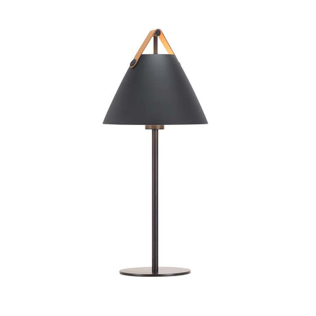 Tischlampe Strap Schwarz mit schwarzem Lampenschirm und Ledergriff, modernes nordisches Design.