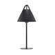Tischlampe Strap Schwarz mit schwarzem Lampenschirm und Lederriemen im nordischen Design.