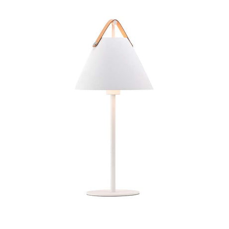 Lampe de table Strap blanche avec poignées en cuir, style nordique moderne en métal.