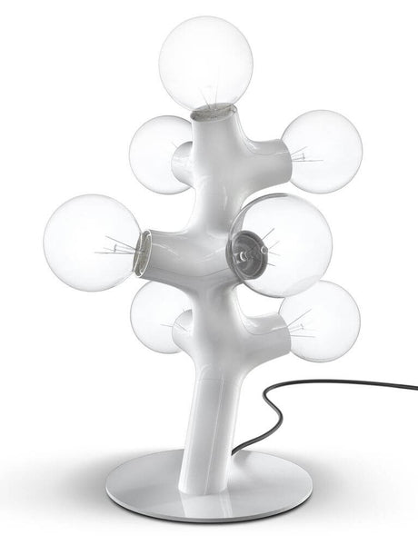 DNA Triple-7 table lamp White with organically growing structure and six light sources on a round base.