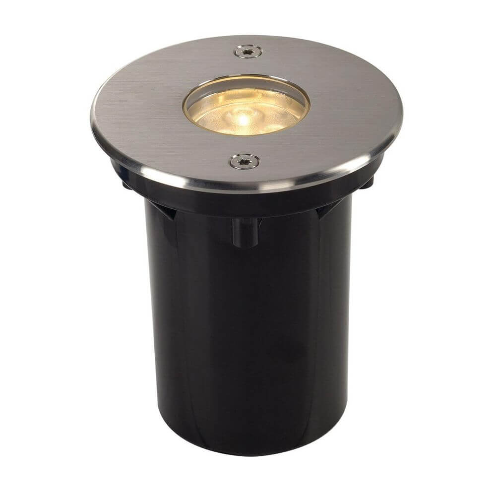Dasar LED HV Bodeneinbauleuchte rund Edelstahl 6W 3000K IP67 mit runder Edelstahlblende und Glasabdeckung.