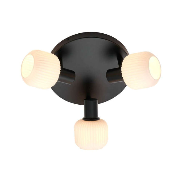 Deckenleuchte Milford Mini 3-Rondel mit opalweißem, geripptem Glas und schwarzem Metall, moderne 3-flammige Leuchte