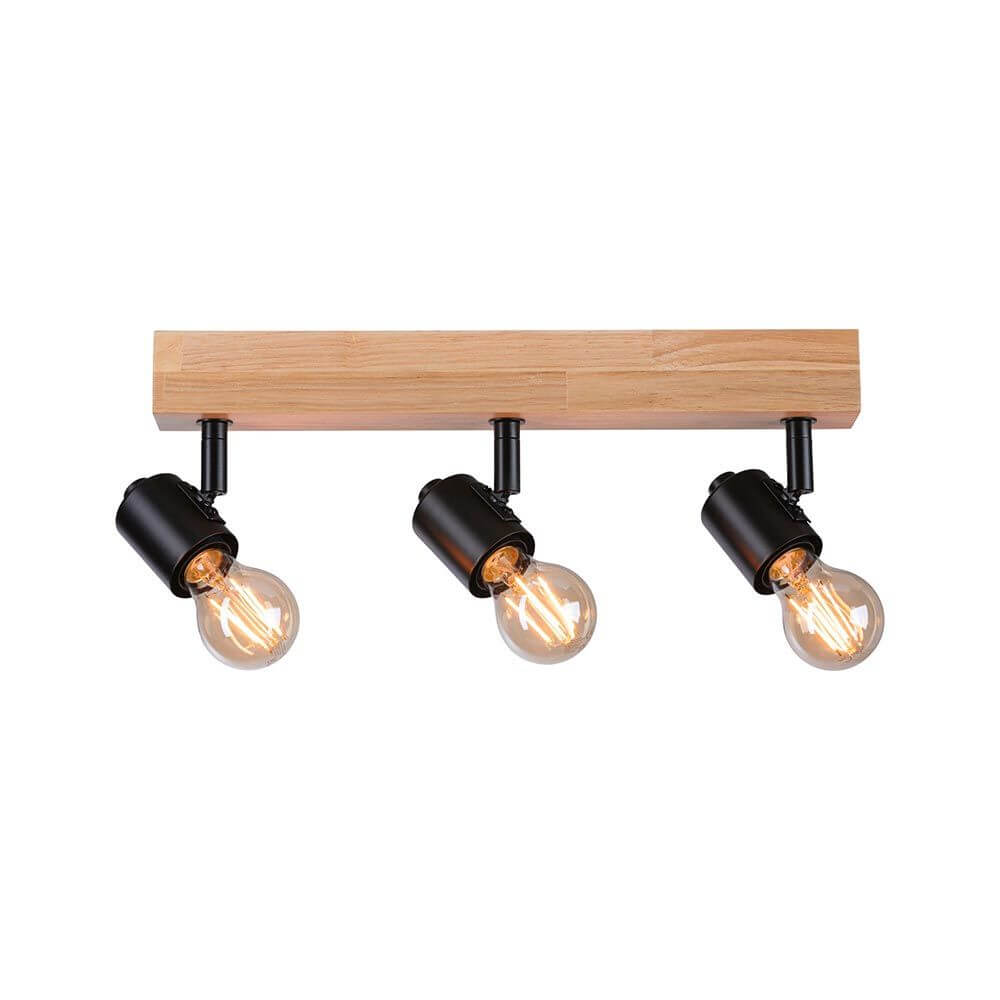 Deckenstrahler Arvid 3-flammig Holz Schwarz mit schwarzem Spotlights und Holzbasis.