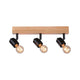 Deckenstrahler Arvid 3-flammig Holz Schwarz mit schwarzem Spotlights und Holzbasis.