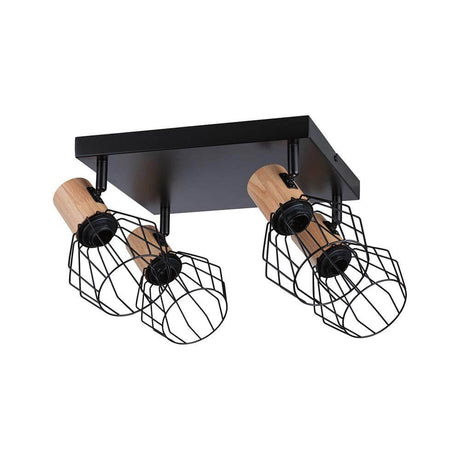 Deckenspot Lanka 4-flammig Schwarz, Holzfarben mit schwenkbaren Gittern und Holzdetails.