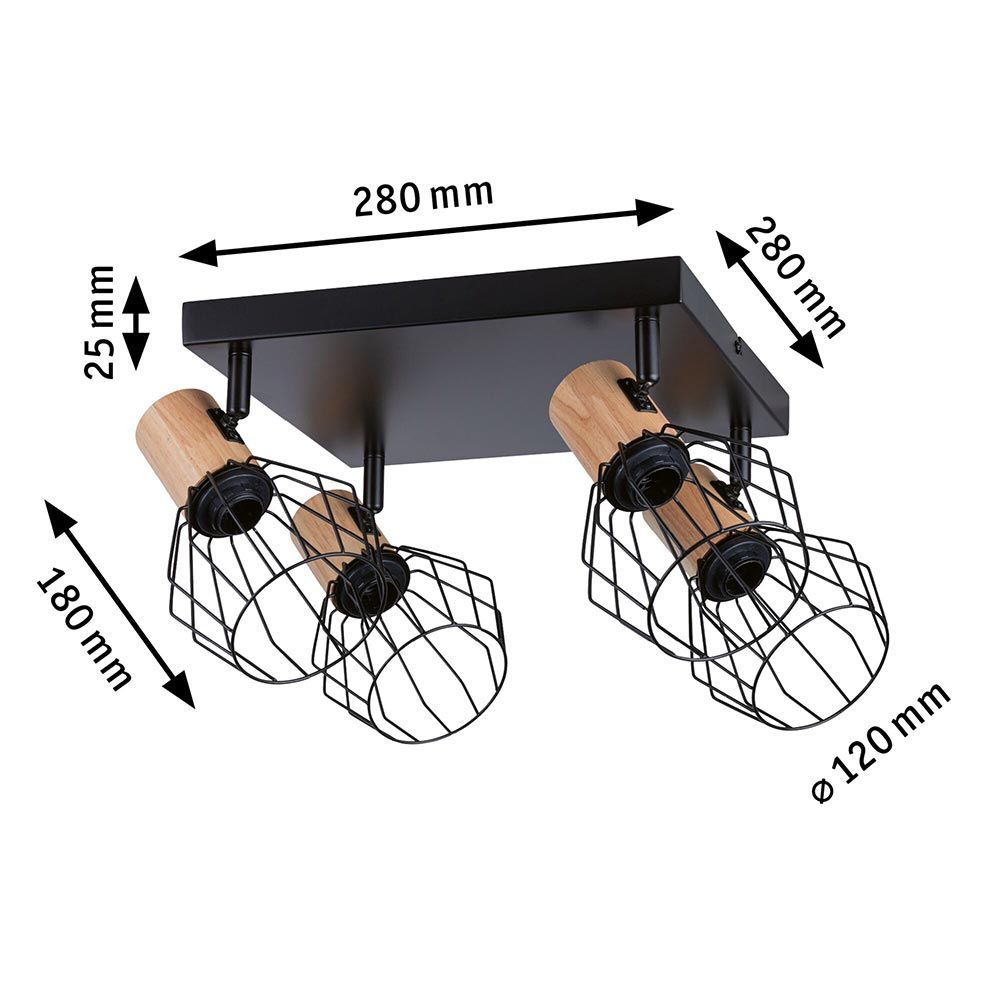 Deckenspot Lanka 4-flammig Schwarz, Holzfarben