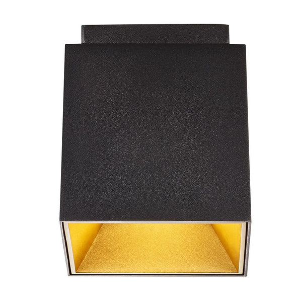 Deckenstrahler Ethan 1-Spot, quadratischer Anbauspot schwarz mit goldenen Reflektoren für GU10-Lampen