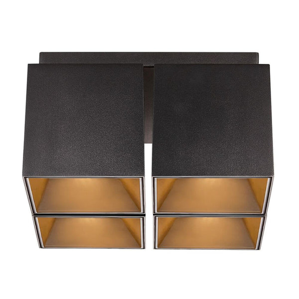 Deckenstrahler Ethan 4-Spot in Schwarz mit goldenen Reflektoren, quadratische Anbauspot-Serie für GU10-Lampen