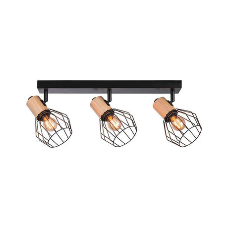 Projecteur de plafond Lanka noir, couleurs bois – spot moderne à trois flammes au style nordique.