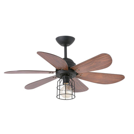 CHICAGO ceiling fan Black, walnut in a modern design with wooden blades and an industrial look.