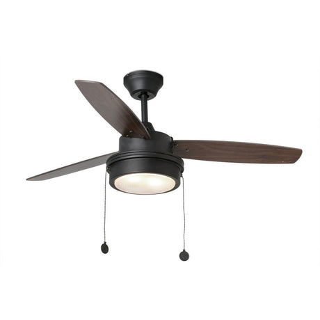 KOMODO ceiling fan Ø 132 cm, 3 blades, 2-light, black, black with wood-effect blades and light source.