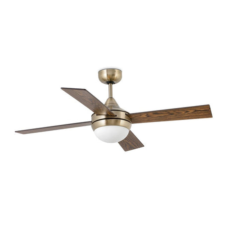 Ceiling fan MINI ICARIA Ø 106cm Antique Brass, Brown-Maple with elegant wooden blades and modern lighting.