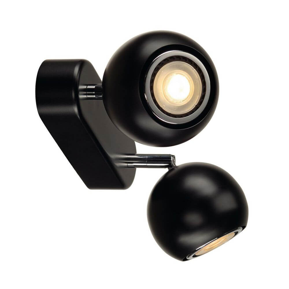 Moderne Wandleuchte mit zwei schwarzen Kugelleuchten, perfekt für GU10 Halogenleuchtmittel.