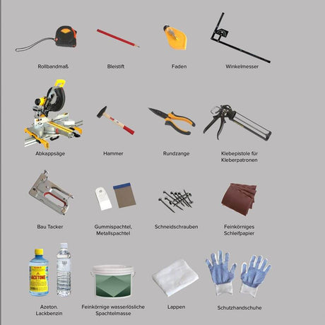 Werkzeuge für das Heimwerken: Rollbandmaß, Bleistift, Hammer, Rundzange, Klebepistole, Schutzschuhe und mehr.