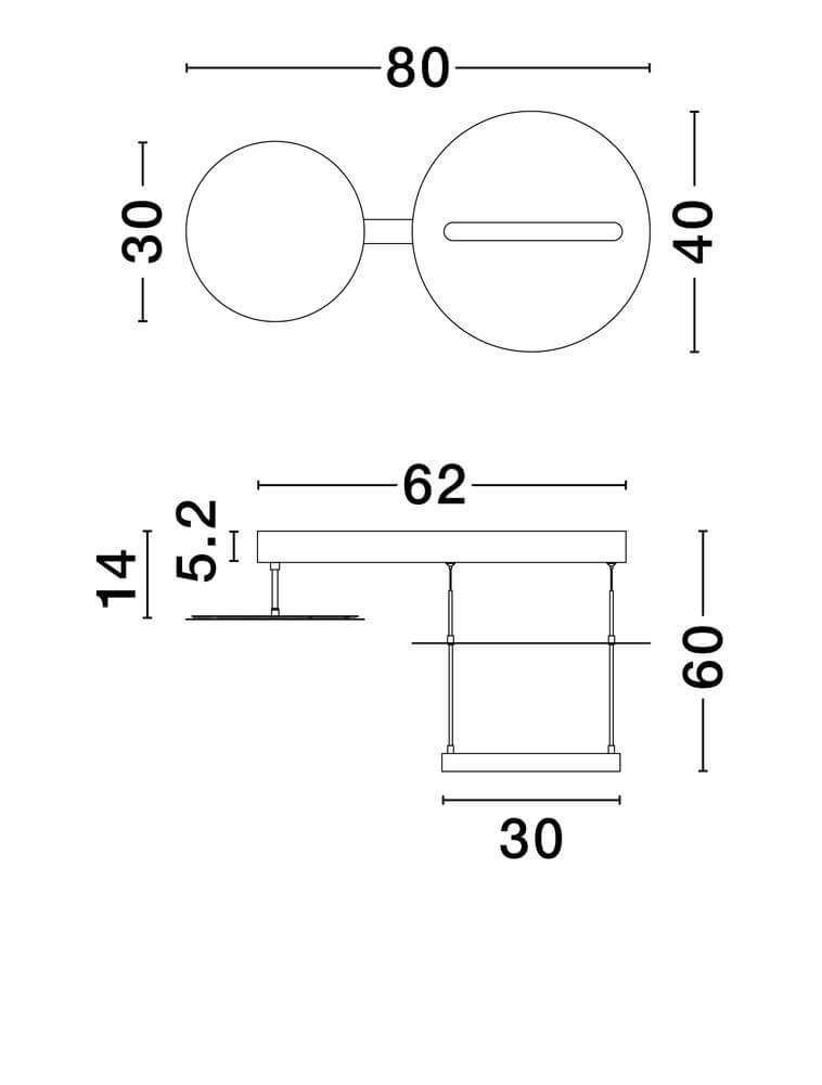 Technische Zeichnung der Diona LED Deckenleuchte 2-flammig 3000K Schwarz, Weiß.