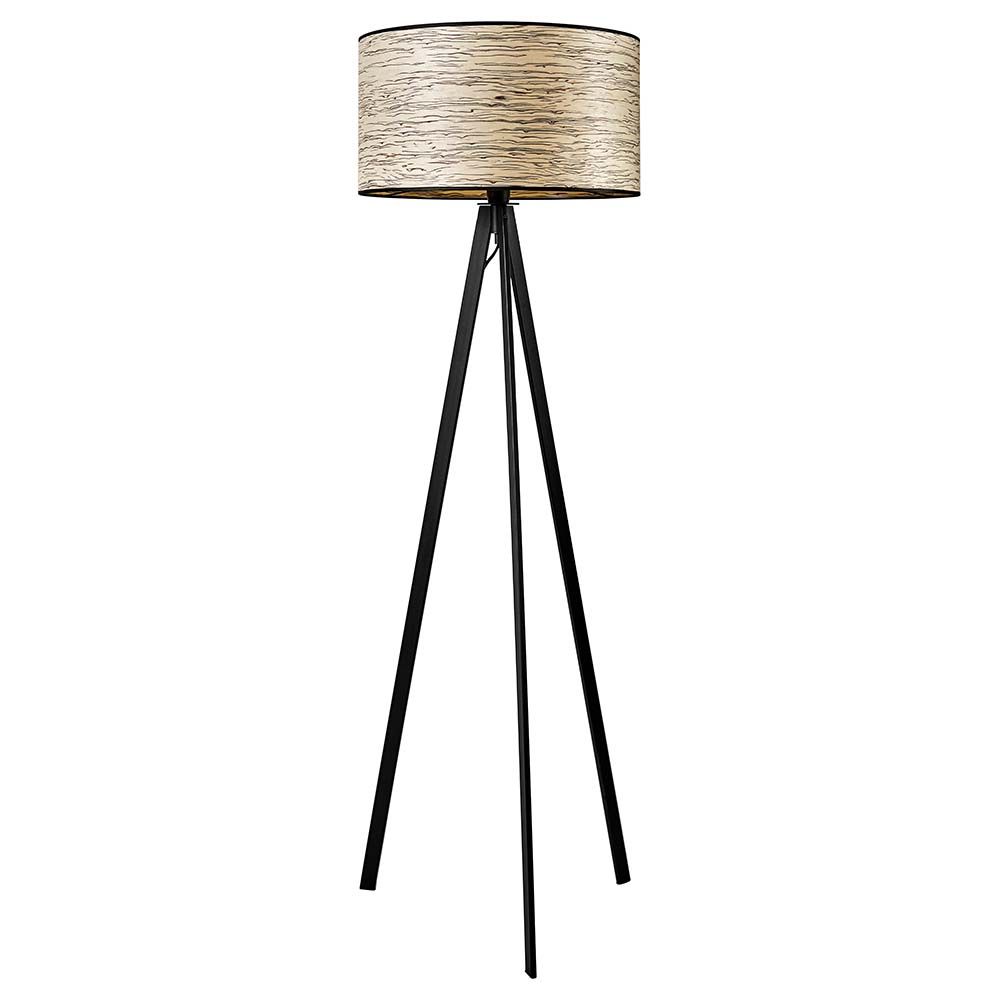 Dreibeinstehlampe Atticus 150cm in Silberbirke mit runden Schirm und schwarzem Standfuß für elegantes Wohndesign.