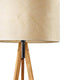 Dreibeinstehleuchte Ligno 150cm Holzfuß Blätter mit hellem Lampenschirm und Eichenholzständer.
